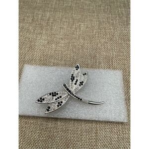 Dragon Fly Pin silver tone black rhinestone bug insect animal Brooch Pin